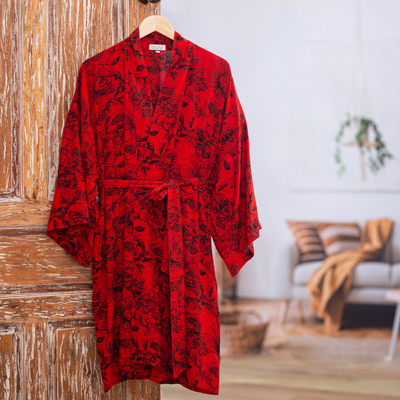 Rayon batik short robe, 'Adoration' - Red and Black Rayon Hand Crafted Floral Batik Short Robe
