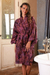 Cotton batik short robe, 'Twilight Bloom' - Purple and Brown Cotton Hand Crafted Batik Short Robe thumbail