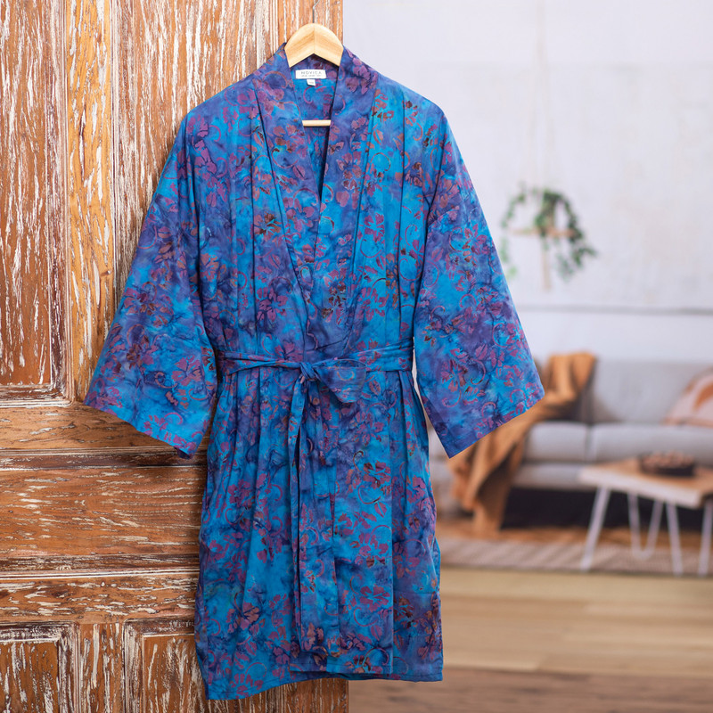 Spa Robe Batik 100% Cotton Artisan Batik Robe - Moonlit Blossoms | NOVICA