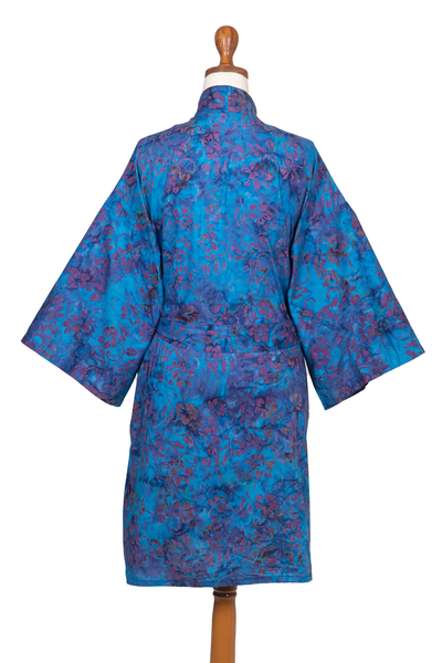 Cotton batik short robe, 'Floating Flowers' - 100% Cotton Artisan Batik Robe