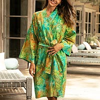 Cotton batik short robe, 'Forest Path' - Green and Blue Cotton Hand Crafted Floral Batik Short Robe