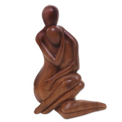 Wood sculpture, 'Mom's Love Never Ends' - Hand-Carved Romantic Suar Wood Sculpture from Bali