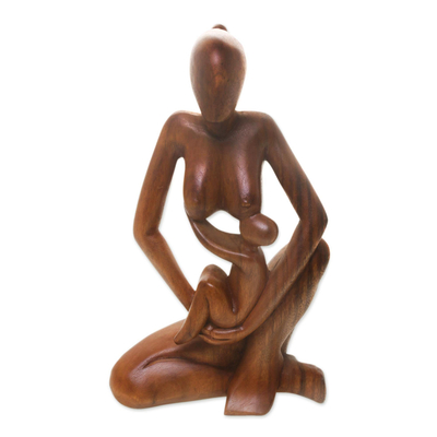 Wood sculpture, 'Mother's Care' - Hand Carved Mother and Child Suar Wood Sculpture from Bali