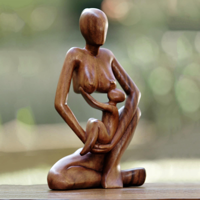 Wood sculpture, 'Mother's Care' - Hand Carved Mother and Child Suar Wood Sculpture from Bali
