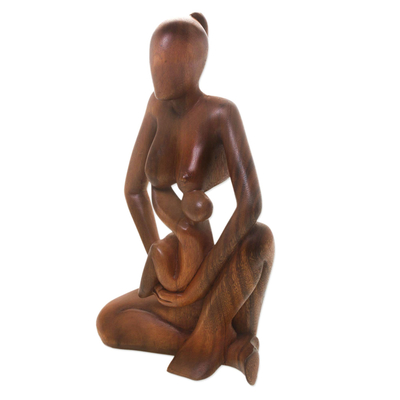 Holzskulptur - Handgeschnitzte Suar-Holzskulptur „Mutter und Kind“ aus Bali