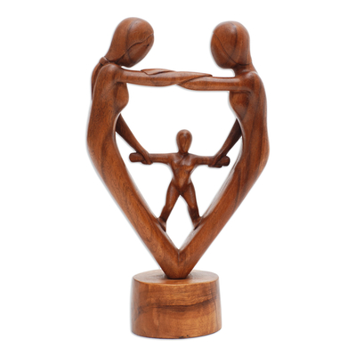 Wood sculpture, 'Our Blessing' - Hand-Carved Parents and Child Blessing Suar Wood Statuette
