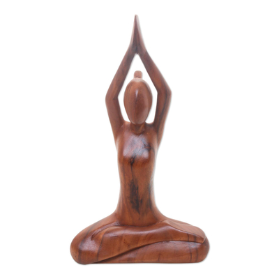 Wood sculpture, 'To the Sky' - Hand Carved Yoga Sitting Pose Suar Wood Sculpture