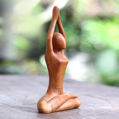 Wood sculpture, 'To the Sky' - Hand Carved Yoga Sitting Pose Suar Wood Sculpture (image 2b)