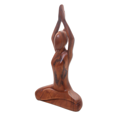 Wood sculpture, 'To the Sky' - Hand Carved Yoga Sitting Pose Suar Wood Sculpture