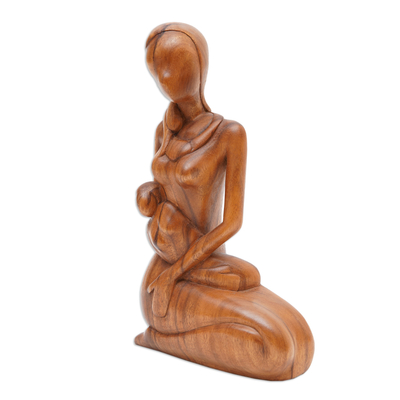Wood statuette, 'Mother's Gift' - Mother and Child Hand Carved Suar Wood Sculpture