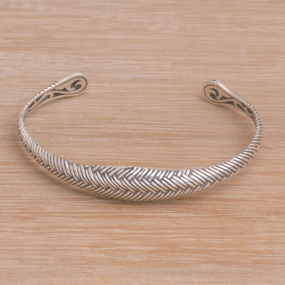 Sterling silver cuff bracelet, 'Woven Mystery' - Weave Motif Sterling Silver Cuff Bracelet from Bali