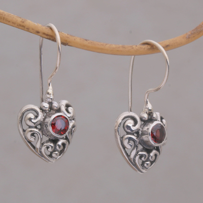Garnet dangle earrings, 'Marry Me' - Heart-Shaped Garnet Dangle Earrings from Bali