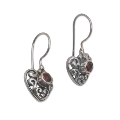 Garnet dangle earrings, 'Marry Me' - Heart-Shaped Garnet Dangle Earrings from Bali