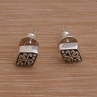Sterling silver stud earrings, 'Diamond Curls' - Curl Motif Sterling Silver Stud Earrings from Bali