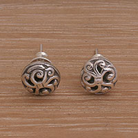 Sterling silver stud earrings, 'Dreamy Spirals' - Spiral Motif Circular Sterling Silver Earrings from Bali