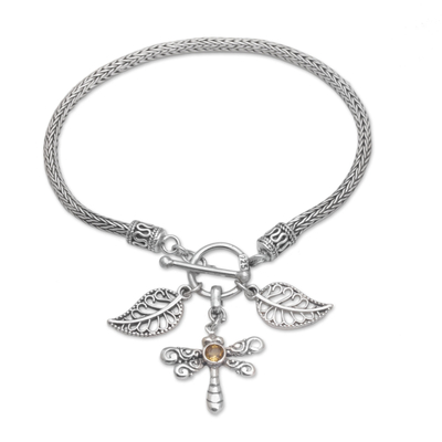 Citrine charm bracelet, 'Dragonfly Dawn' - Citrine and Silver Dragonfly Charm Bracelet from Bali