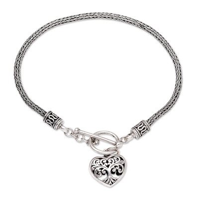 Sterling silver charm bracelet, 'Plant a Seed' - Sterling Silver Heart and Tree Charm Bracelet from Bali
