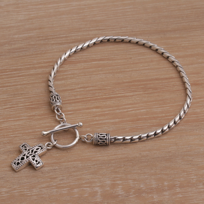 Sterling silver charm bracelet, 'Dotted Cross' - Handmade 925 Sterling Silver Cross Pendant Bracelet