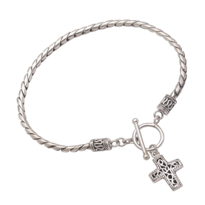 Sterling silver charm bracelet, 'Dotted Cross' - Handmade 925 Sterling Silver Cross Pendant Bracelet