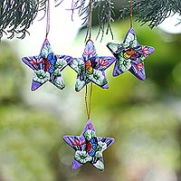 Wood ornaments, 'Butterflies in Lavender Skies' (set of 4) - 4 Lavender Star Ornaments Hand Painted with Butterflies