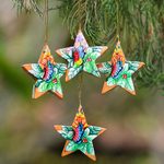 Wood ornaments, 'Sunset Butterflies' (set of 4) - 4 Hand Painted Balinese Star Ornaments with Butterflies