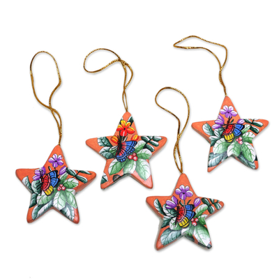 4 Hand Painted Balinese Star Ornaments with Butterflies