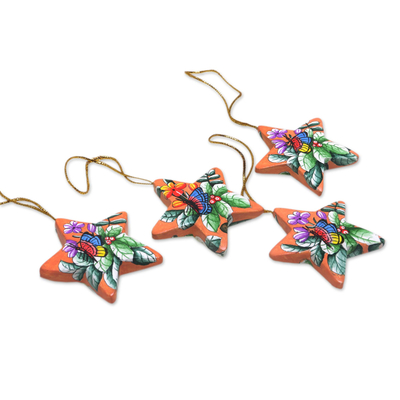 Wood ornaments, 'Sunset Butterflies' (set of 4) - 4 Hand Painted Balinese Star Ornaments with Butterflies