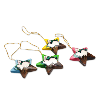 Wood ornaments, 'White Island Bunnies' (set of 4) - Balinese Hand Painted Bunny Rabbit Star Ornaments (Set of 4)
