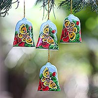 Wood ornaments, 'Bells and Butterflies' (set of 4) - Hand Painted Bell Ornaments with Butterflies (Set of 4)