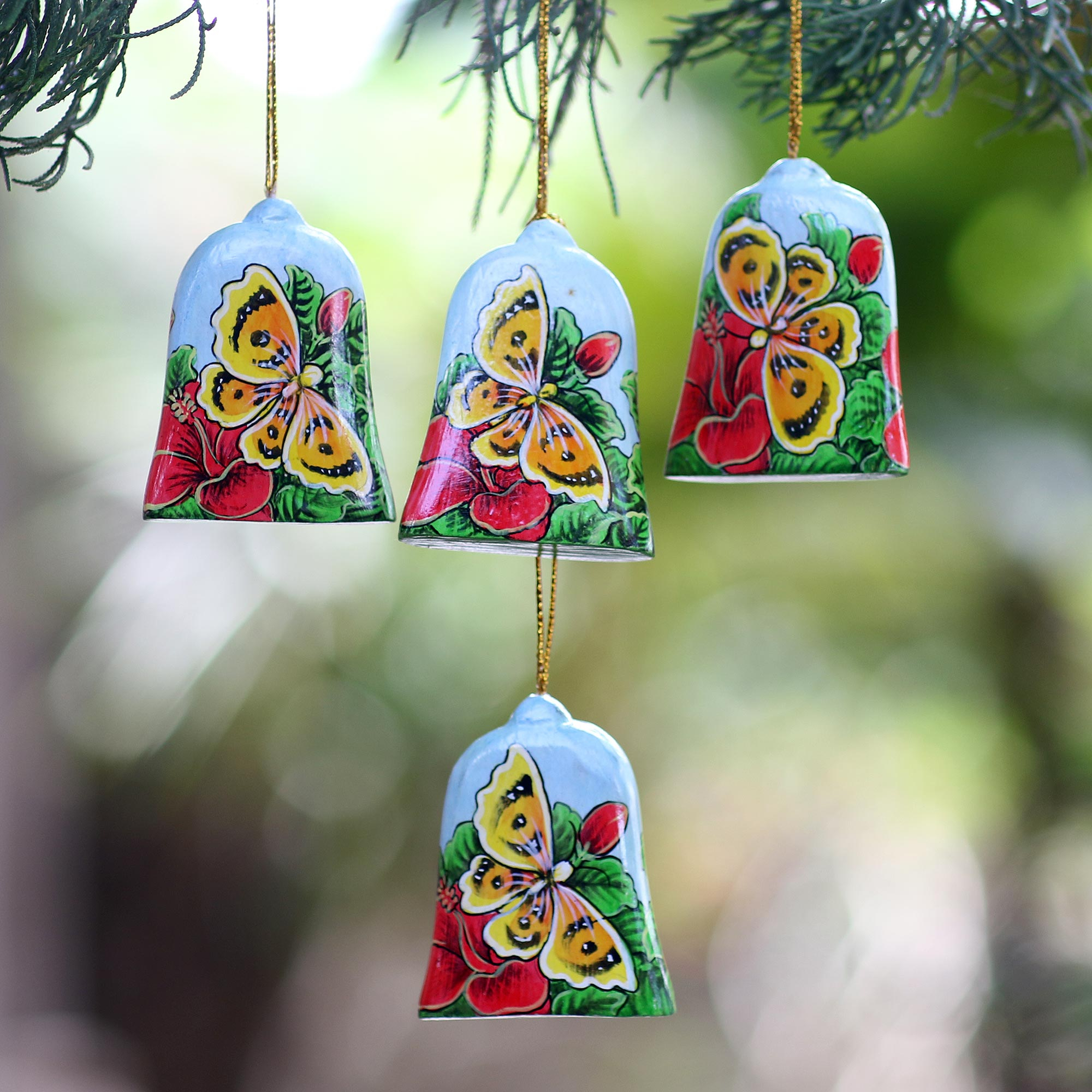 Hand Painted Bell Ornaments with Butterflies (Set of 4) - Bells and ...