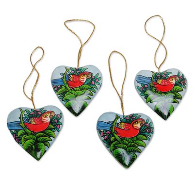 Wood ornaments, 'Birds in My Heart' (set of 4) - 4 Hand Painted Heart Ornaments with Scarlet Macaws