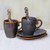 Ceramic mug and saucer set, 'Keraton Temptation in Brown' (set for 2) - Brown Ceramic Pair of Mugs, Spoons and Saucers (6-Piece Set)