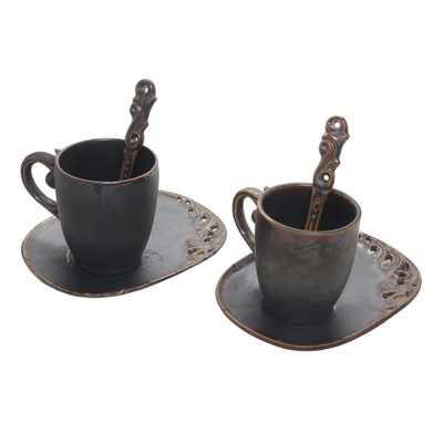 Ceramic mug and saucer set, 'Keraton Temptation in Brown' (set for 2) - Brown Ceramic Pair of Mugs, Spoons and Saucers (6-Piece Set)