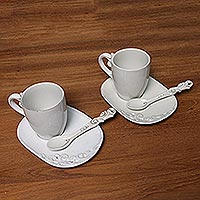 Ceramic mug and saucer set, 'Keraton Temptation in White' (6 pieces) - White Ceramic Pair of Mugs, Spoons and Saucers (6-Piece Set)