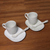 Ceramic mug and saucer set, 'Keraton Temptation in White' (6 pieces) - White Ceramic Pair of Mugs, Spoons and Saucers (6-Piece Set)