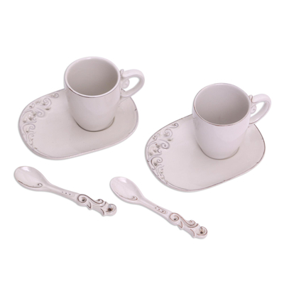 Keramiktassen- und Untertassen-Set, (6-teilig) - Paar Tassen, Löffel und Untertassen aus weißer Keramik (6-teiliges Set)
