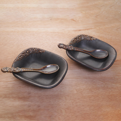 Ceramic bowls and spoons, 'Keraton Vessel in Brown' (pair) - Brown Ceramic Pair of Bowls and Matching Spoons (Set for 2)