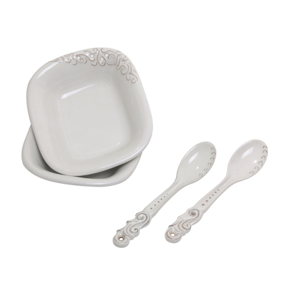 Cuencos y cucharas de cerámica, (par) - Par de tazones y cucharas de cerámica blanca (juego de 4 piezas)