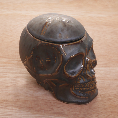 Ceramic decorative jar, 'Trunyan Keeper' - Ceramic Skull Decorative Jar