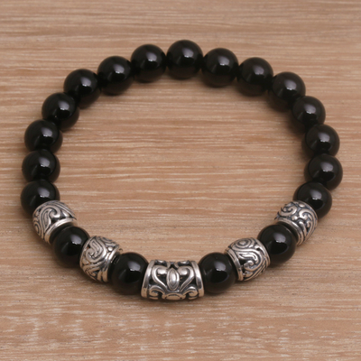 Stretch-Armband aus Onyxperlen - Onyx-Perlen-Stretch-Armband mit Sterlingsilberperlen