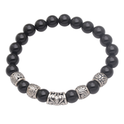 Onyx beaded stretch bracelet, 'Contemplate in Black' - Onyx Beaded Stretch Bracelet with Sterling Silver Beads