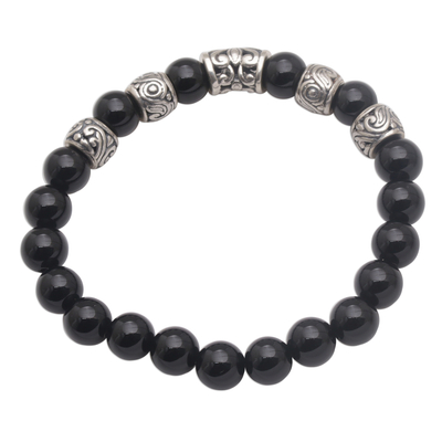 Onyx beaded stretch bracelet, 'Contemplate in Black' - Onyx Beaded Stretch Bracelet with Sterling Silver Beads
