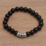 Onyx beaded stretch bracelet, 'Uluwatu Eclipse' - Onyx Beaded Stretch Bracelet