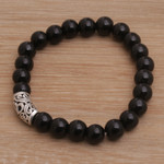 Onyx beaded stretch bracelet, 'Uluwatu Eclipse' - Onyx Beaded Stretch Bracelet
