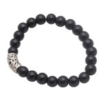 Onyx beaded stretch bracelet, 'Uluwatu Eclipse' - Onyx Beaded Stretch Bracelet