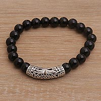 Onyx beaded stretch bracelet, 'Stone Bouquet in Black' - Onyx and Silver Beaded Stretch Bracelet