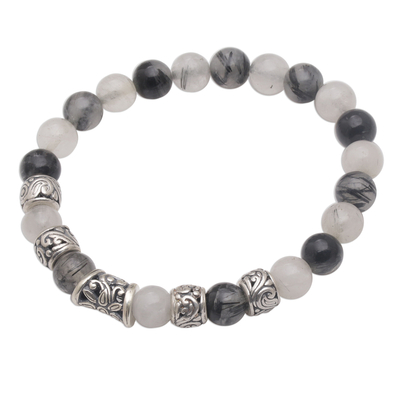 Tourmalinated quartz beaded stretch bracelet, 'Contemplate in Grey' - Tourmalinated Quartz and Sterling Silver Beaded Bracelet