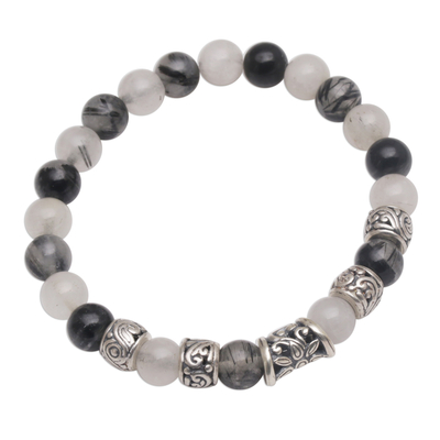 Tourmalinated quartz beaded stretch bracelet, 'Contemplate in Grey' - Tourmalinated Quartz and Sterling Silver Beaded Bracelet
