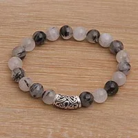 Pulsera elástica con cuentas de cuarzo turmalinado, 'Uluwatu Eclipse in Smoke' - Pulsera elástica con cuentas de cuarzo turmalinado