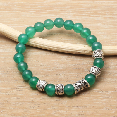 Agate beaded stretch bracelet, 'Verdant Flourish' - Hand Crafted Green Agate Beaded Stretch Bracelet from Bali